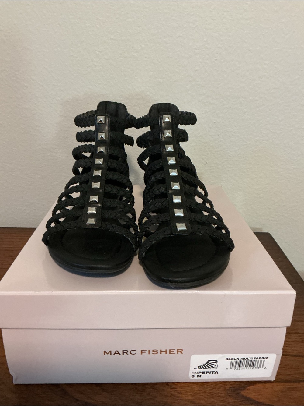 Marc Fisher Black Braided Gladiator Sandals with Silver Studs